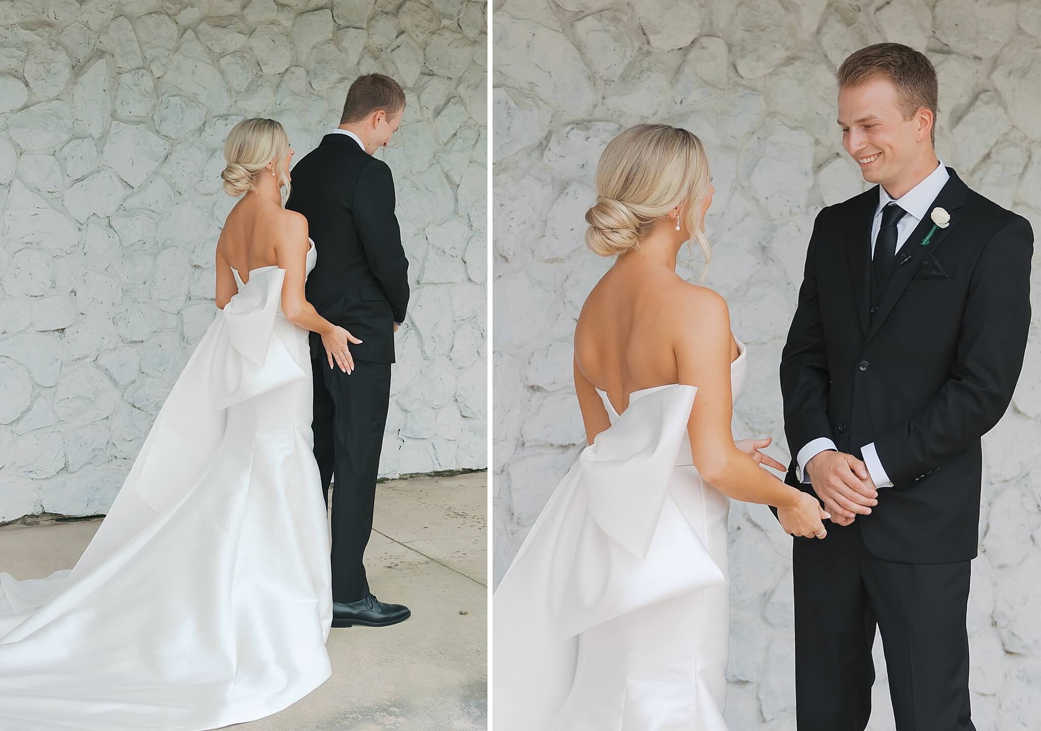 A groom patiently waits for his bride to let him see her for a first look