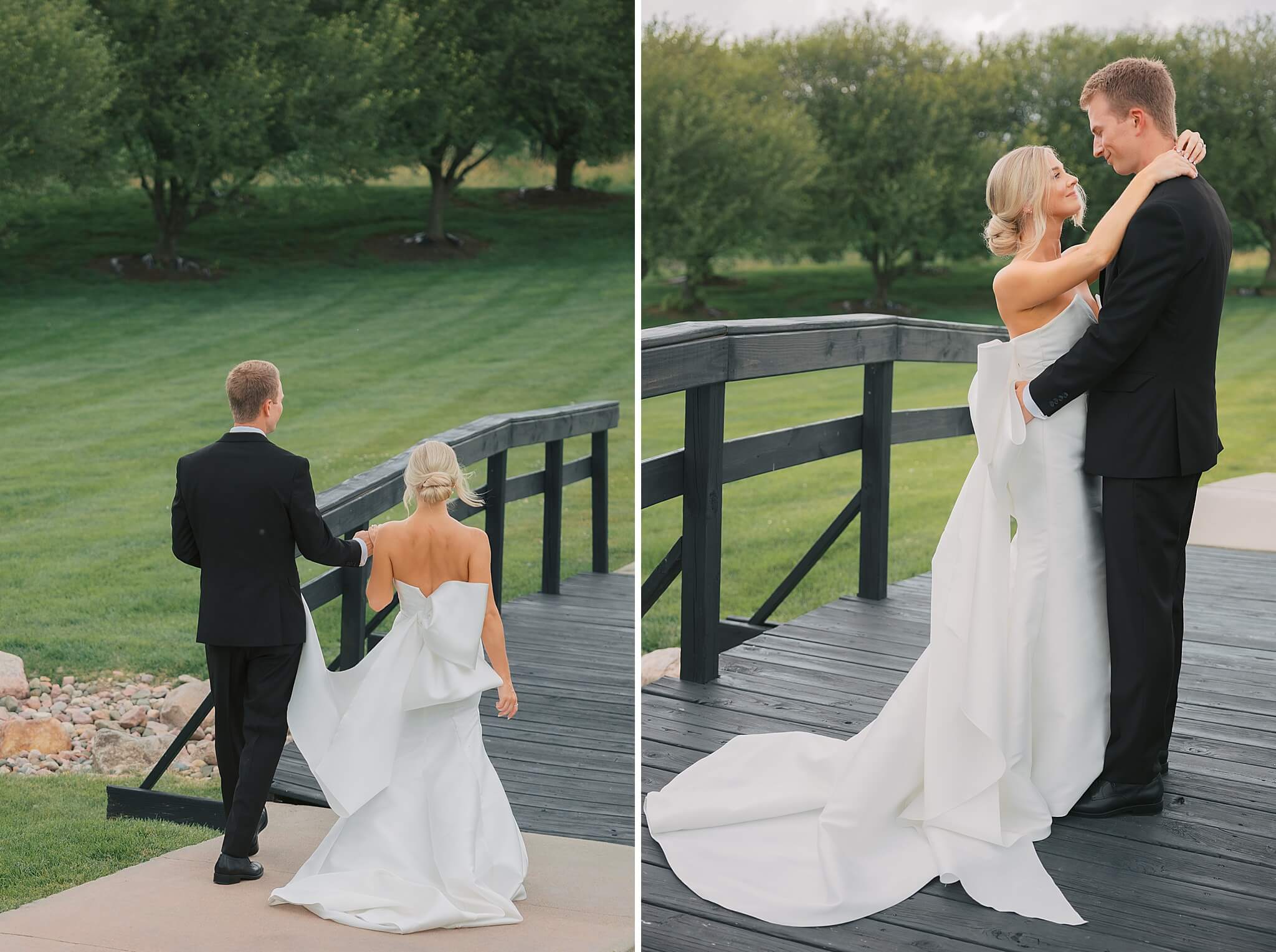 A bride walks her groom by the hand to a wooden bridge next to them snuggling at sunset during their day at The Fountains Ballroom wedding venue