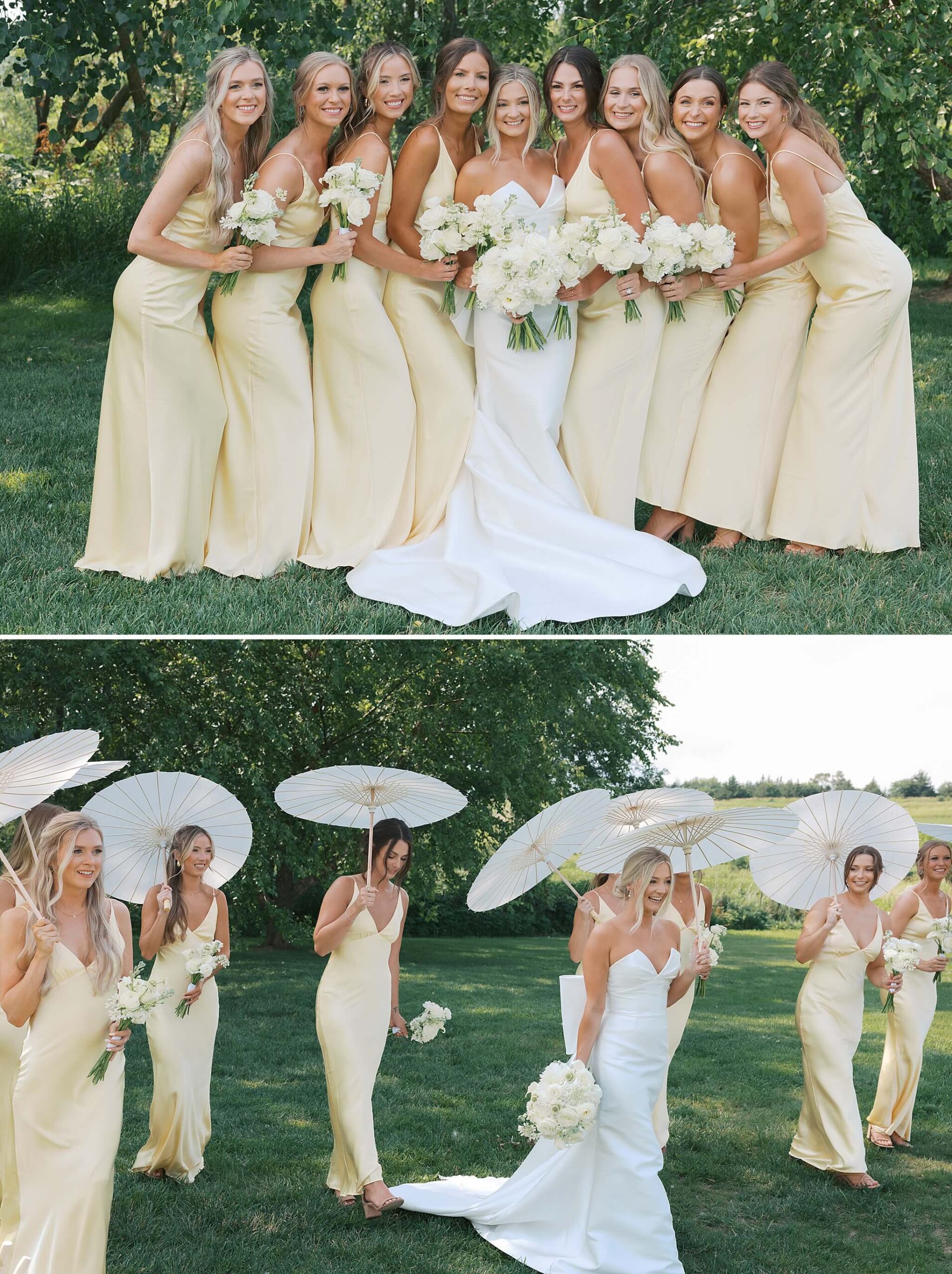 A happy bride smiles with her bridesmaids at The Fountains Ballroom wedding venue lawn above them walking holding parasols in yellow gowns