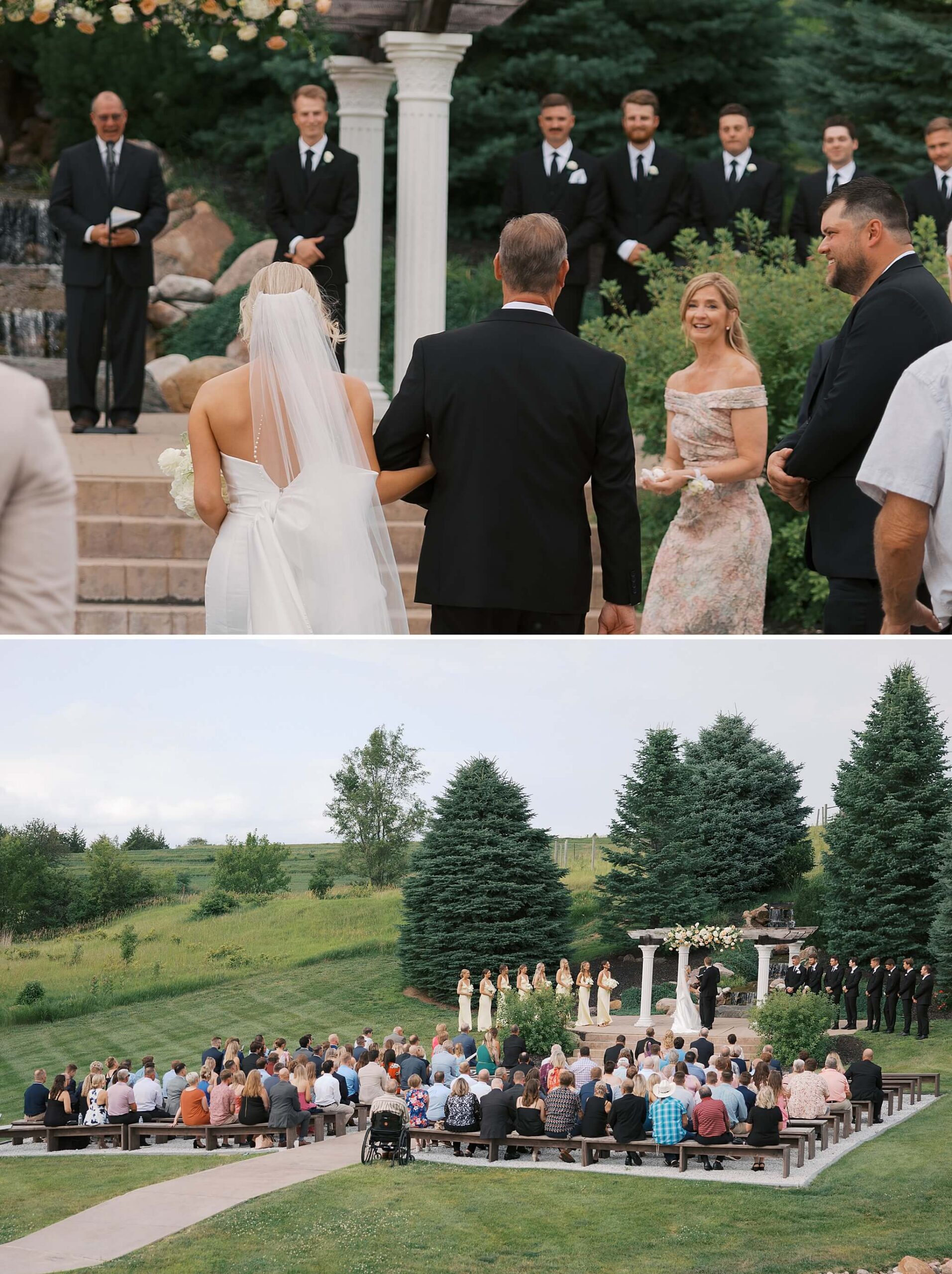 Dad walks his daughter down the aisle above a look at the entire ceremony on wooden benches in the lawn